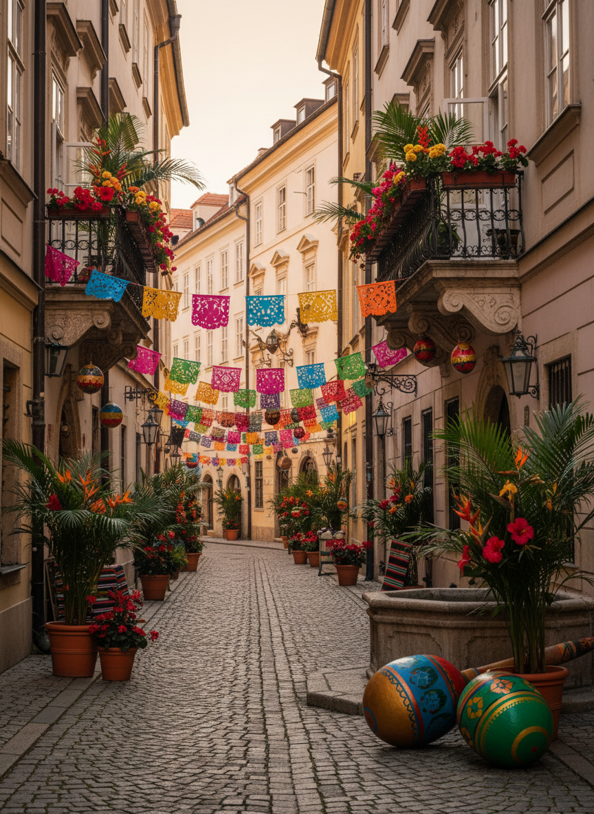 Vibrant Latin cultural scene blending Ecuadorian warmth with Bratislava atmosphere